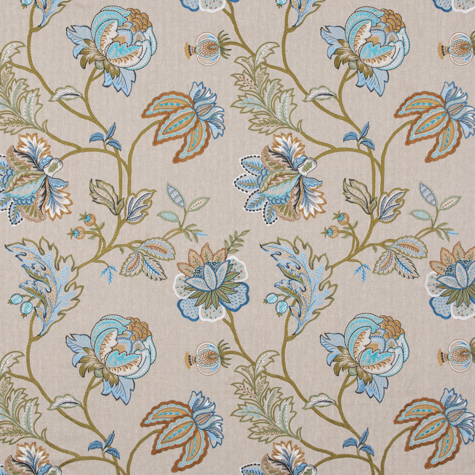 Agra Teal fabric with teal, blue and rust flowers on a beige botanical ground