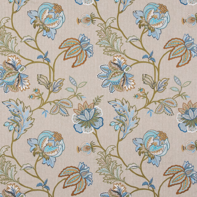 Agra Teal fabric with teal, blue and rust flowers on a beige botanical ground