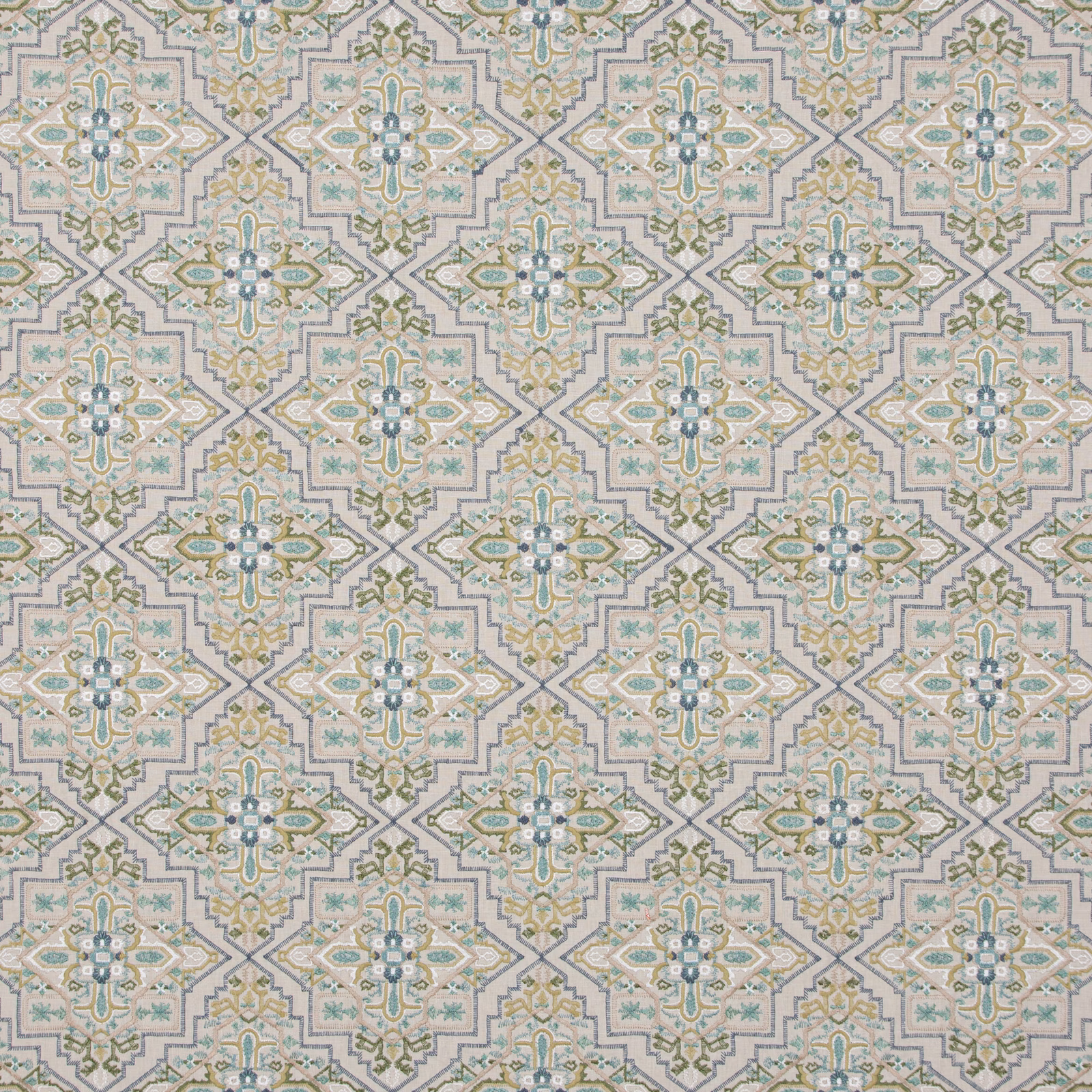 Pale aqua geometric medallions with sage, ivory and muted ochre woven detail