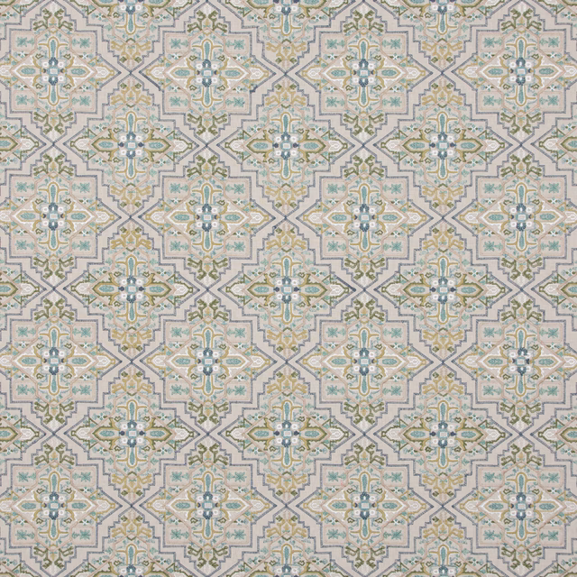 Pale aqua geometric medallions with sage, ivory and muted ochre woven detail