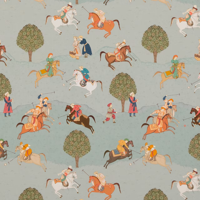 Pale aqua cotton print with mounted riders, polo sticks, trees and warm accents