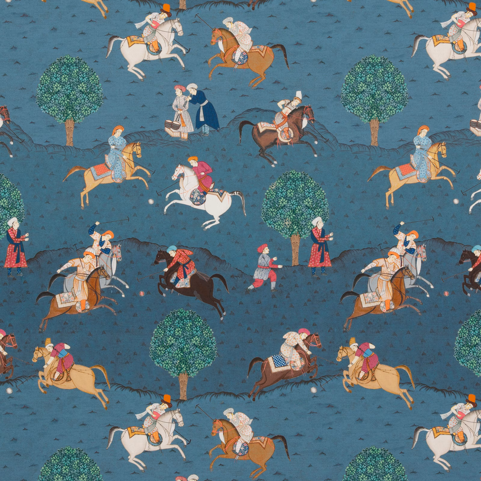 Indigo cotton fabric with red-accented riders, horses and green trees