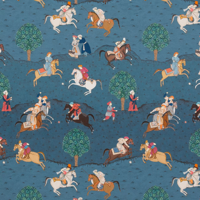 Indigo cotton fabric with red-accented riders, horses and green trees