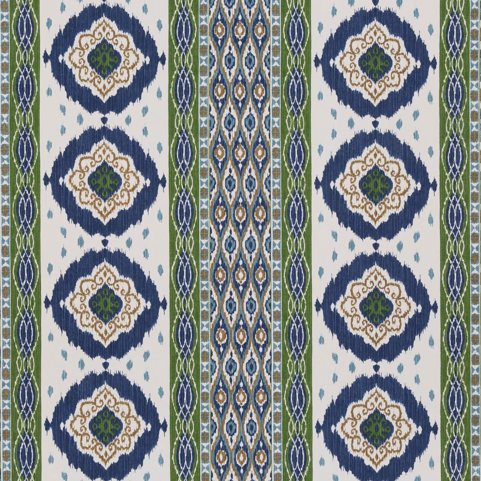 Blue, green and cream woven fabric with repeating medallions and vertical geometric bands