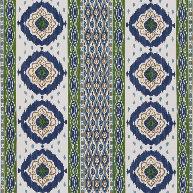 Blue, green and cream woven fabric with repeating medallions and vertical geometric bands