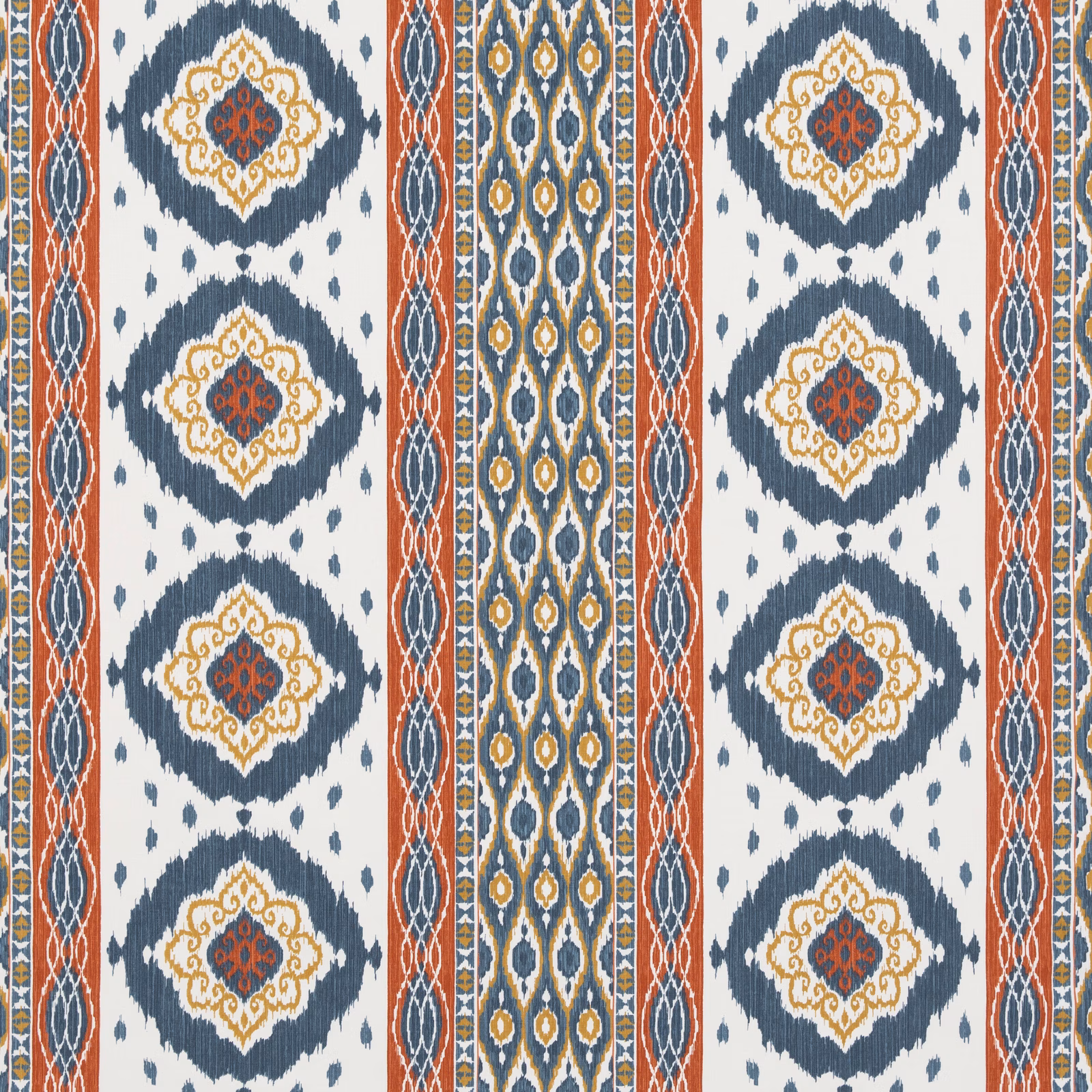 Indigo woven stripe with cream medallions, rust diamonds and gold detailing
