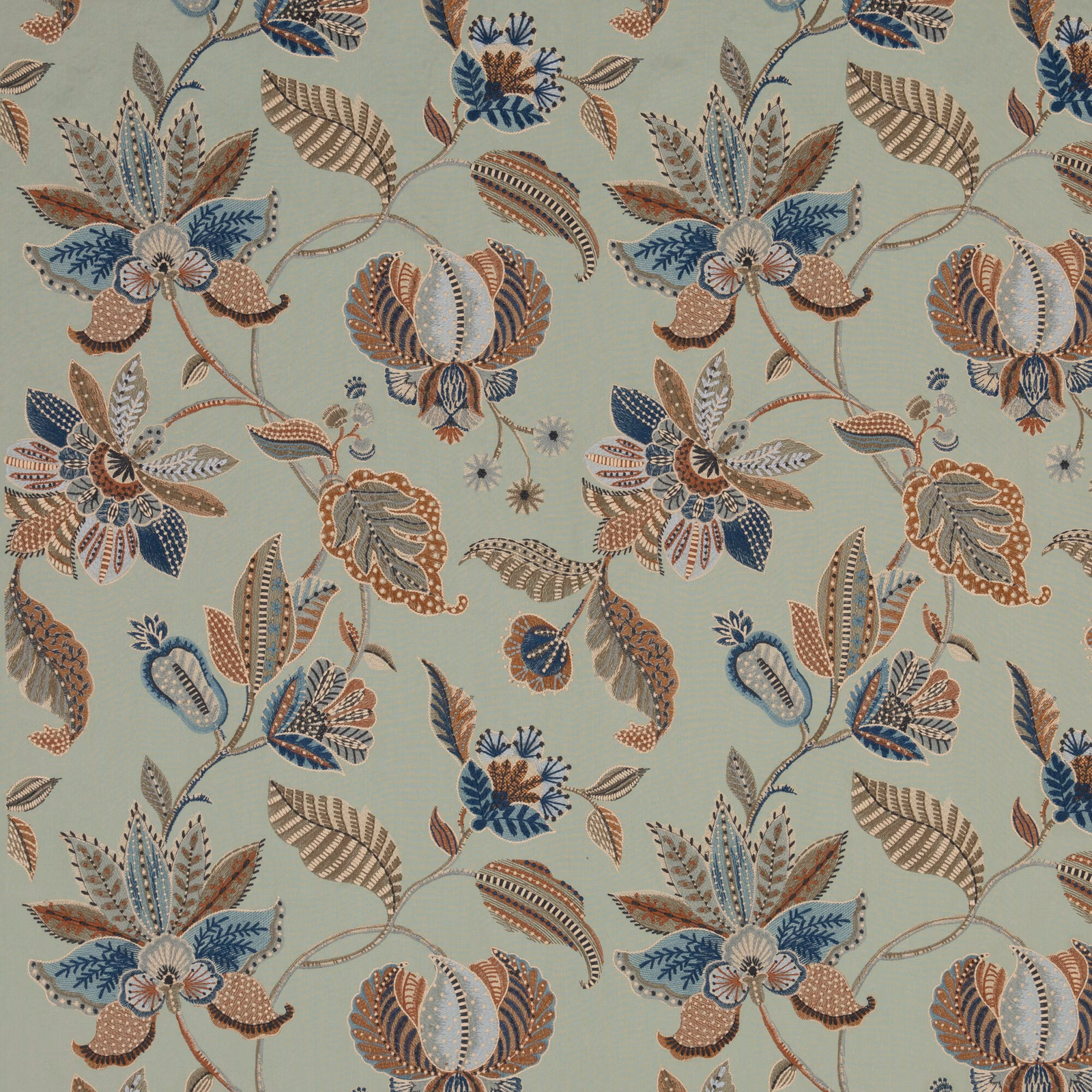 Muted aqua ground with rust, navy and beige botanical blooms and scrolling stems
