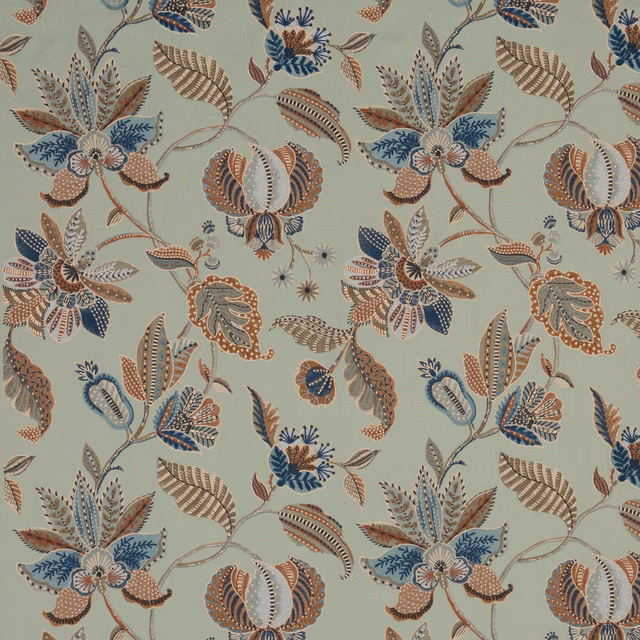 Muted aqua ground with rust, navy and beige botanical blooms and scrolling stems