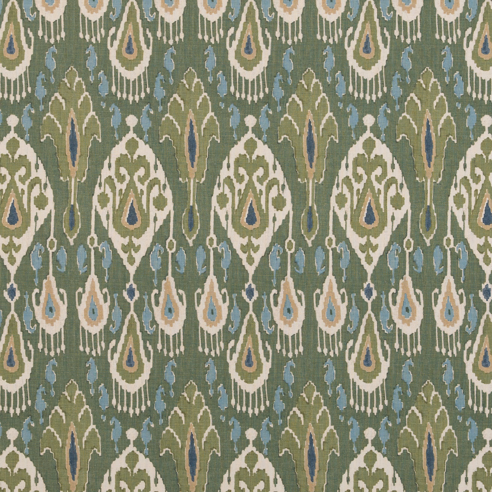 Muted emerald linen with ivory, blue-grey and taupe ikat teardrop motifs