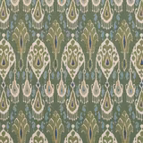 Muted emerald linen with ivory, blue-grey and taupe ikat teardrop motifs