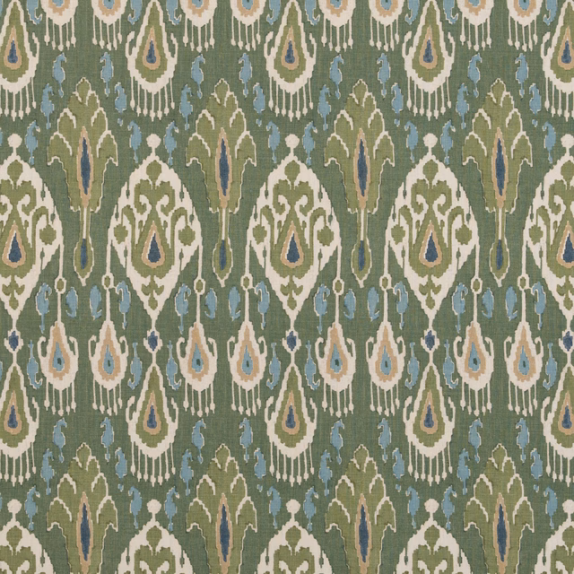Muted emerald linen with ivory, blue-grey and taupe ikat teardrop motifs