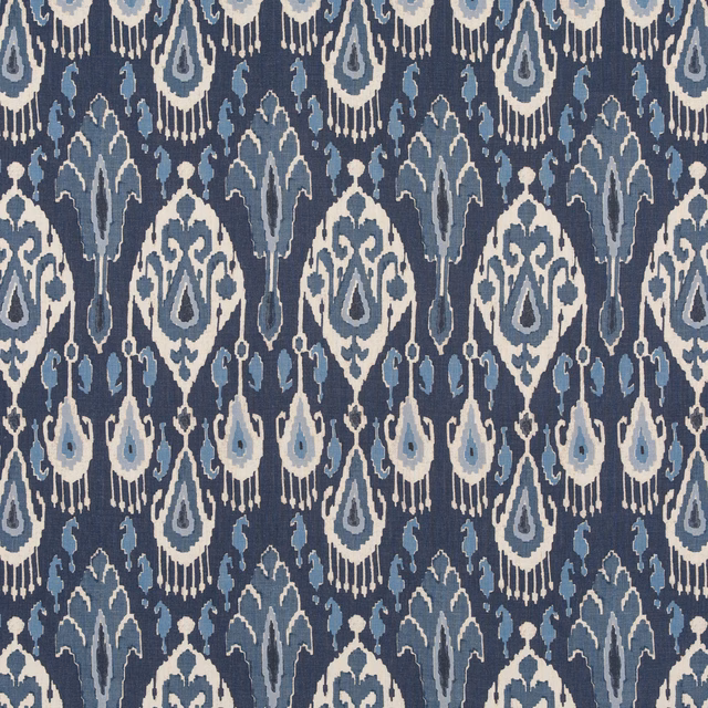 Cool indigo linen with pale ikat teardrops and blue-grey vertical motifs