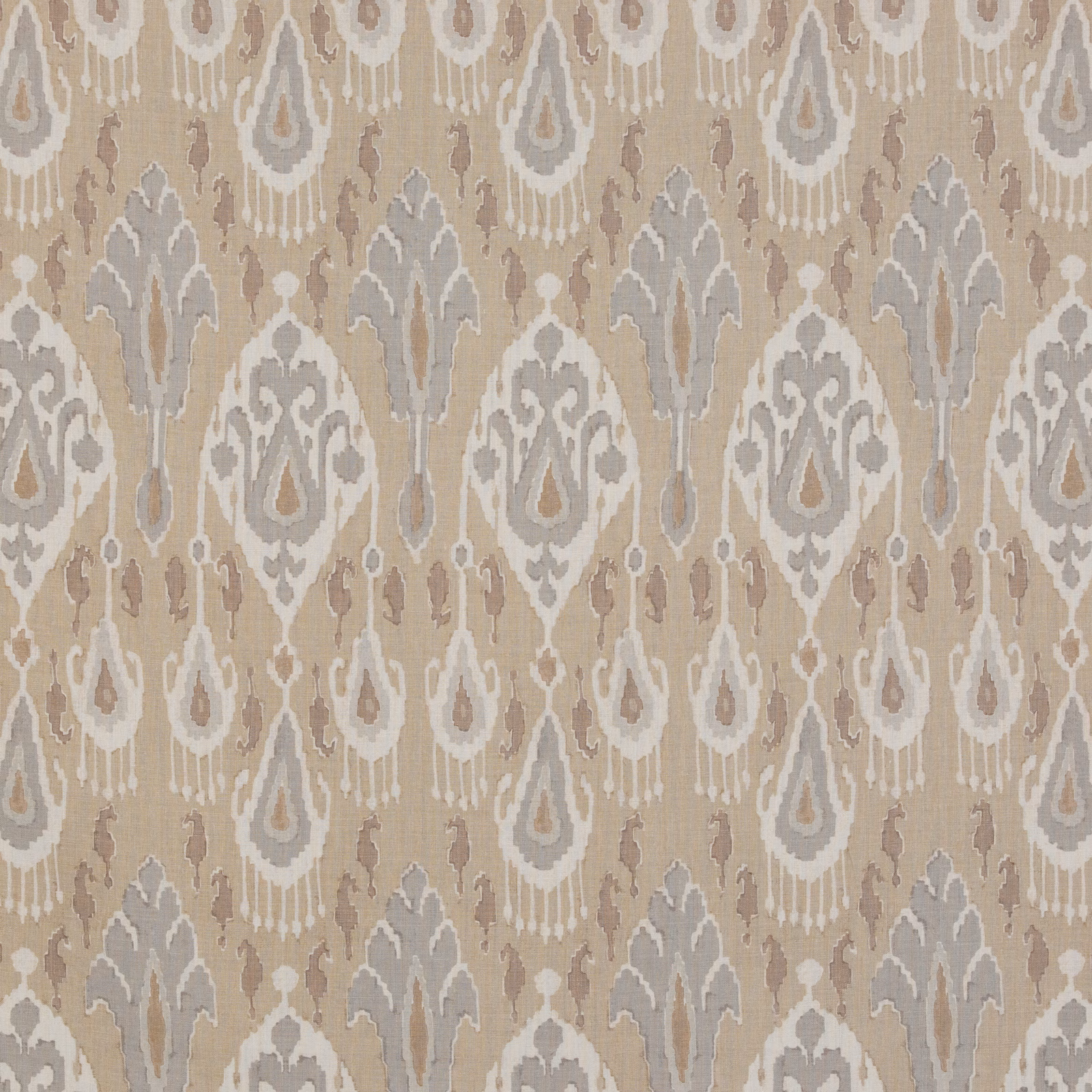 Parchment linen with taupe and grey ikat teardrops in a woven repeat