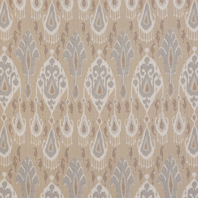 Parchment linen with taupe and grey ikat teardrops in a woven repeat