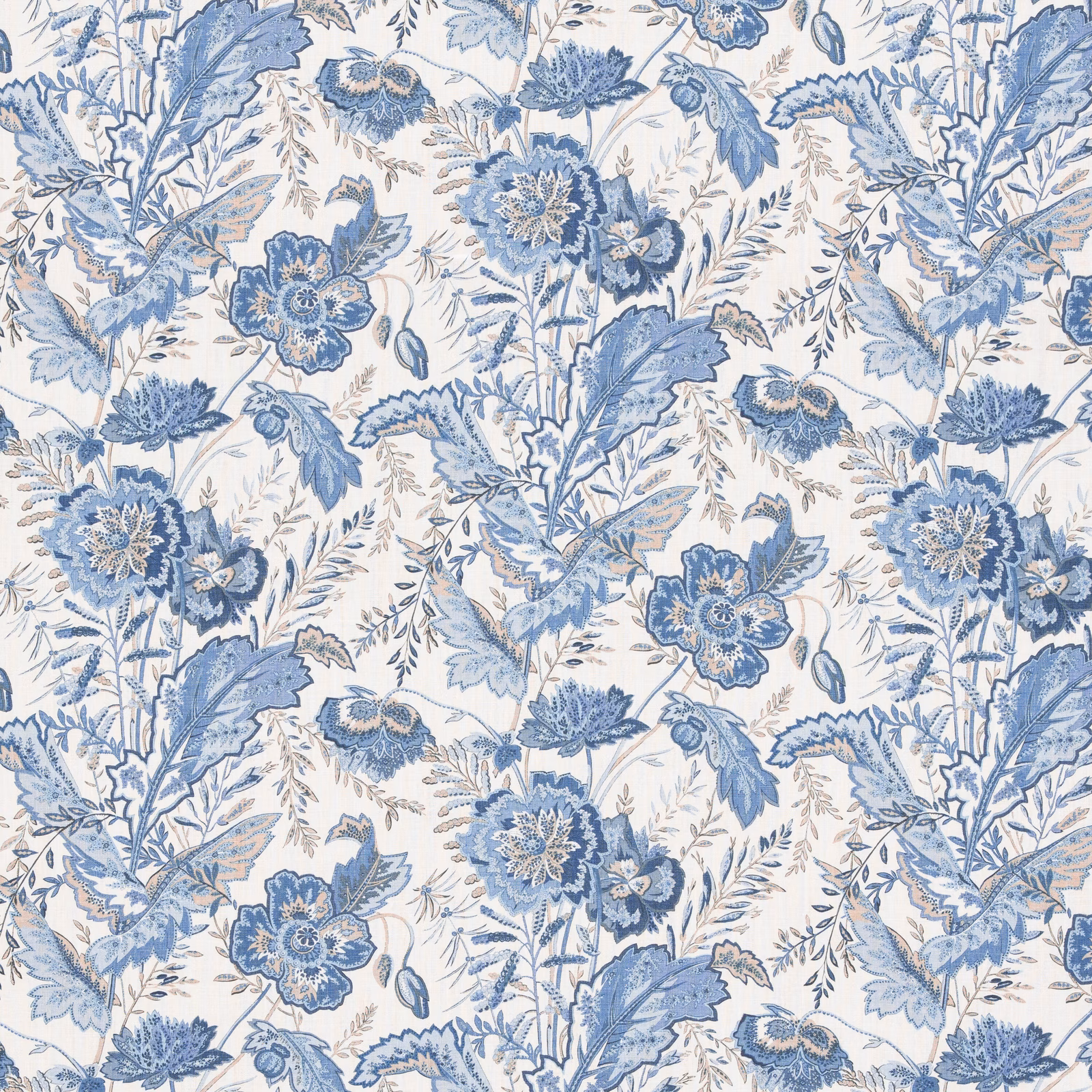Ivory linen covered in dusty blue flowers, leafy stems and fine botanical sprigs
