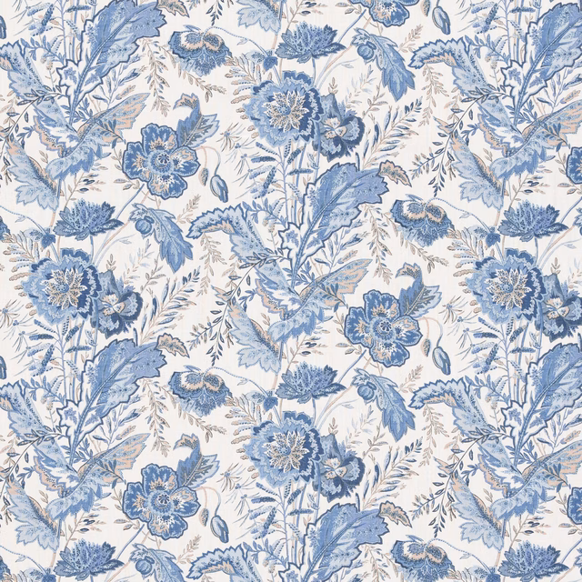 Ivory linen covered in dusty blue flowers, leafy stems and fine botanical sprigs
