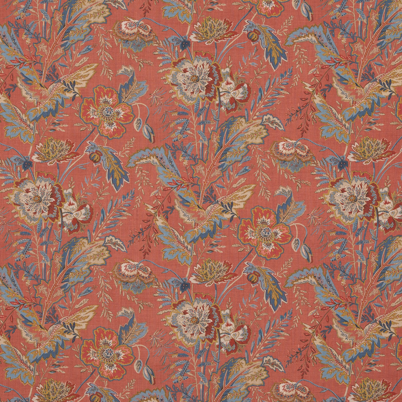Muted coral-red linen swatch with blue foliage and cream indienne flowers