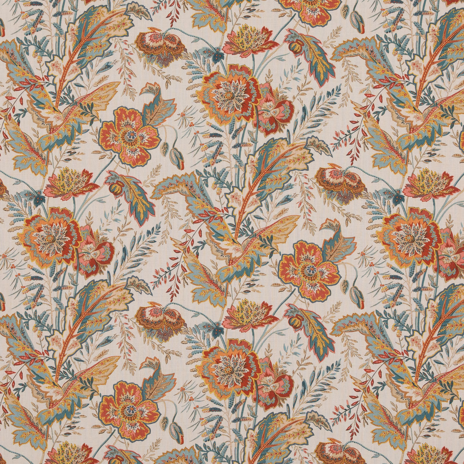 Cream linen ground with red, teal and ochre branching floral motifs