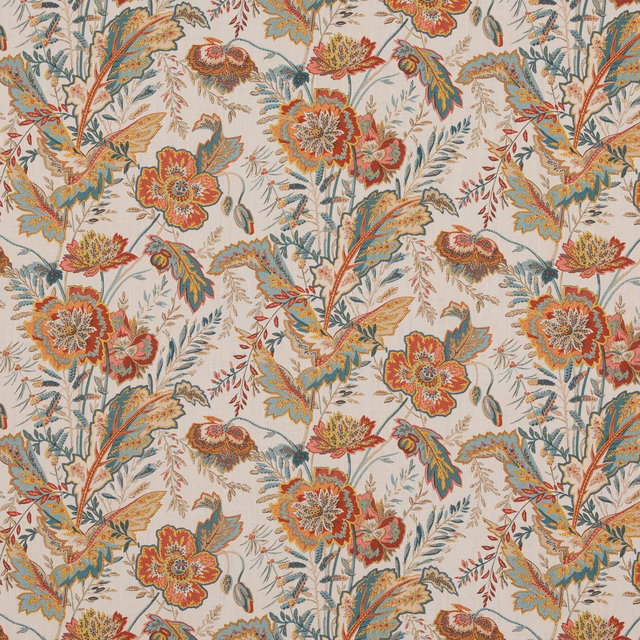 Cream linen ground with red, teal and ochre branching floral motifs