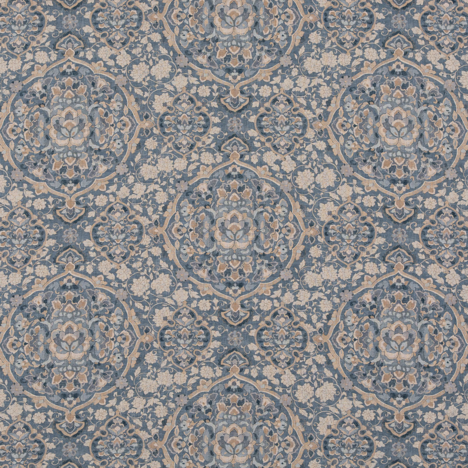 Muted blue-grey damask with cream medallions and dusty terracotta floral details