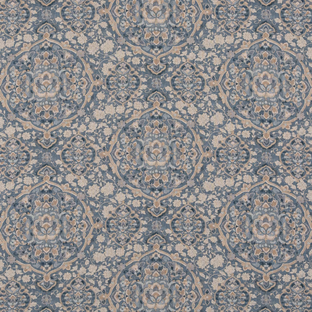 Muted blue-grey damask with cream medallions and dusty terracotta floral details