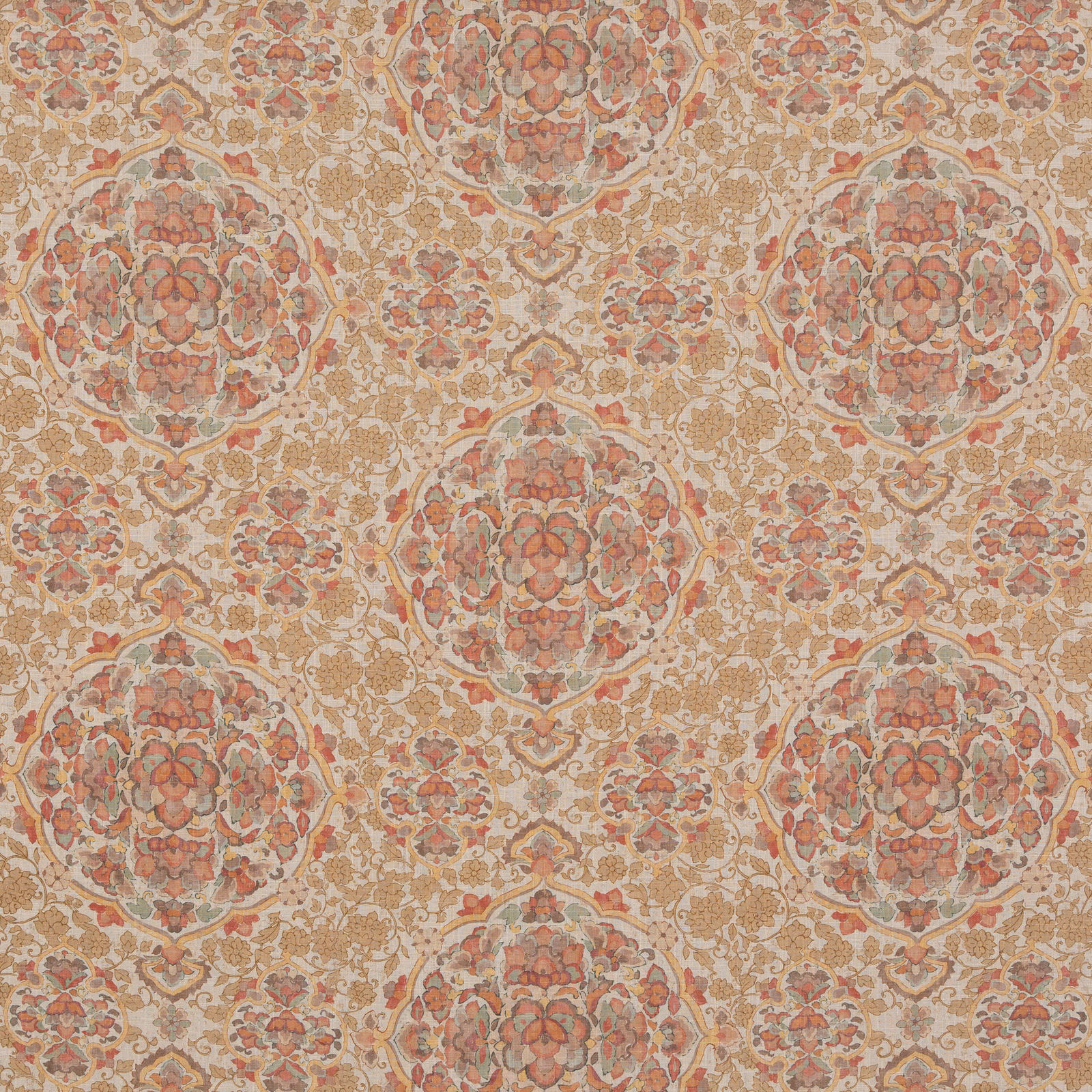 Coral red and aqua damask medallions woven across a warm beige textured ground