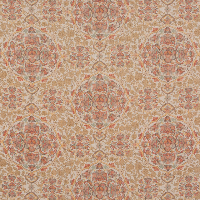 Coral red and aqua damask medallions woven across a warm beige textured ground