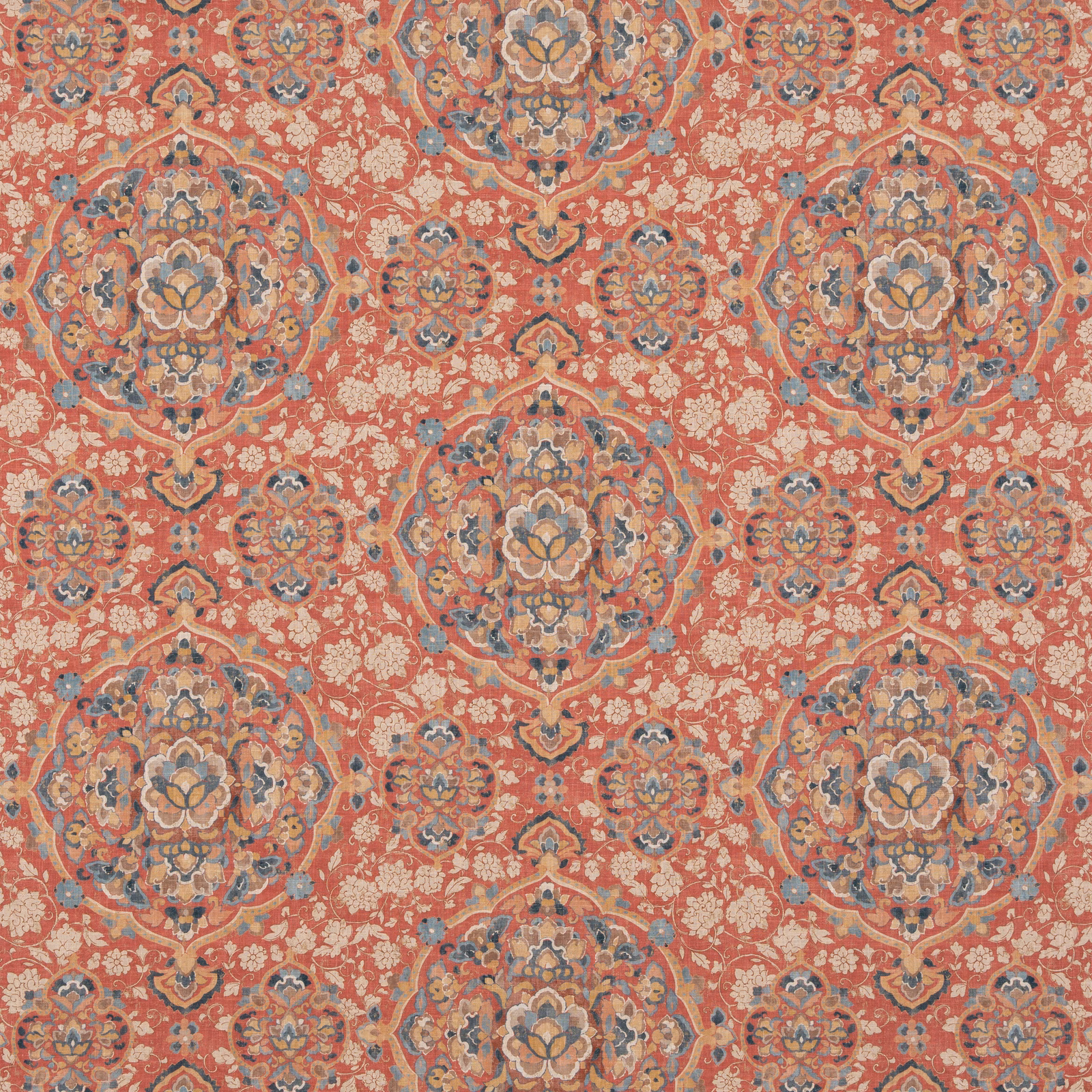 Coral-red woven fabric with blue and gold floral medallions and ivory sprigs