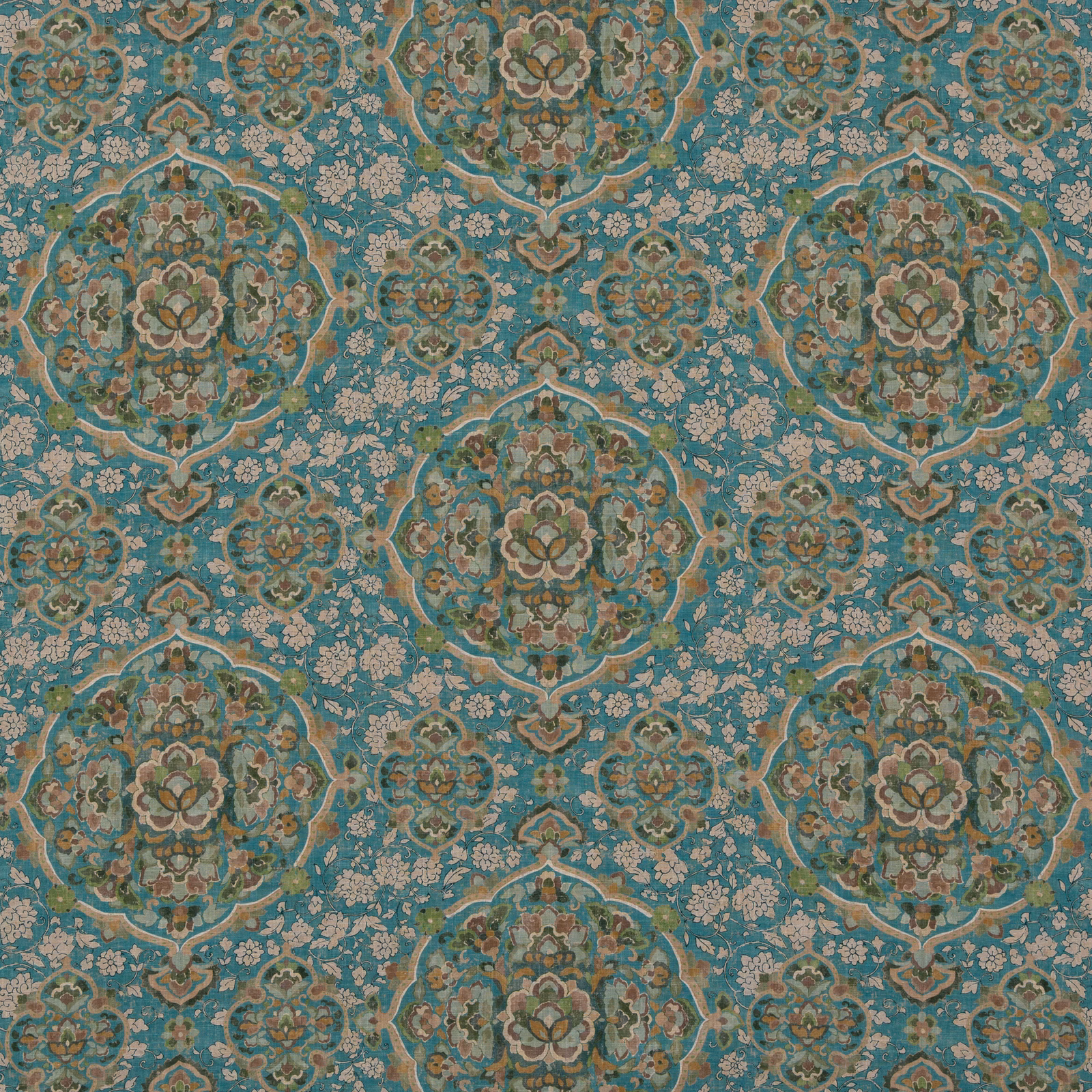 Cool teal textile with ornate cream, olive and taupe medallions and floral tracery