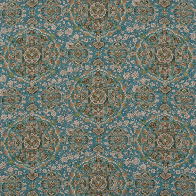 Cool teal textile with ornate cream, olive and taupe medallions and floral tracery