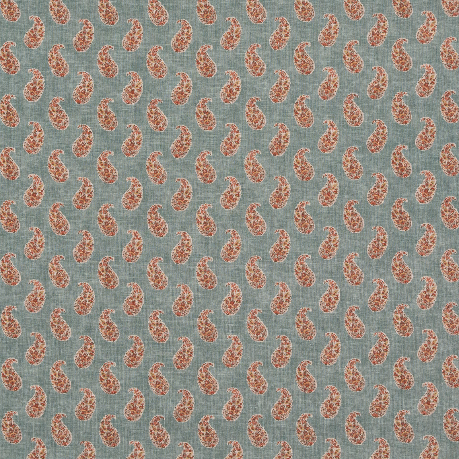 Muted aqua ground with closely spaced coral paisleys and a fine woven texture