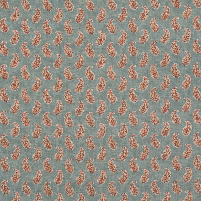 Muted aqua ground with closely spaced coral paisleys and a fine woven texture