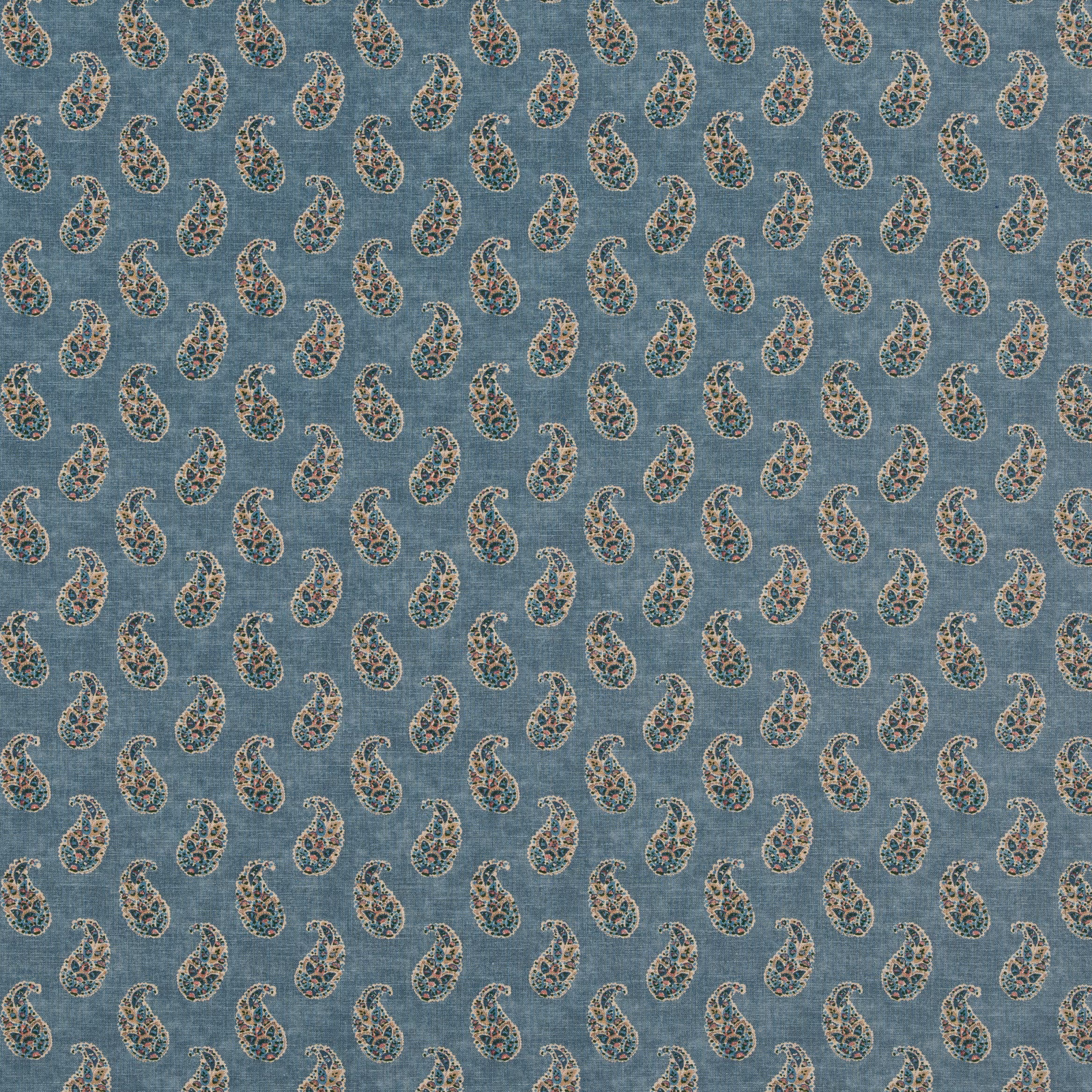 Dusty blue-teal textile with repeated cream, rust and charcoal paisleys