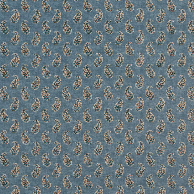 Dusty blue-teal textile with repeated cream, rust and charcoal paisleys