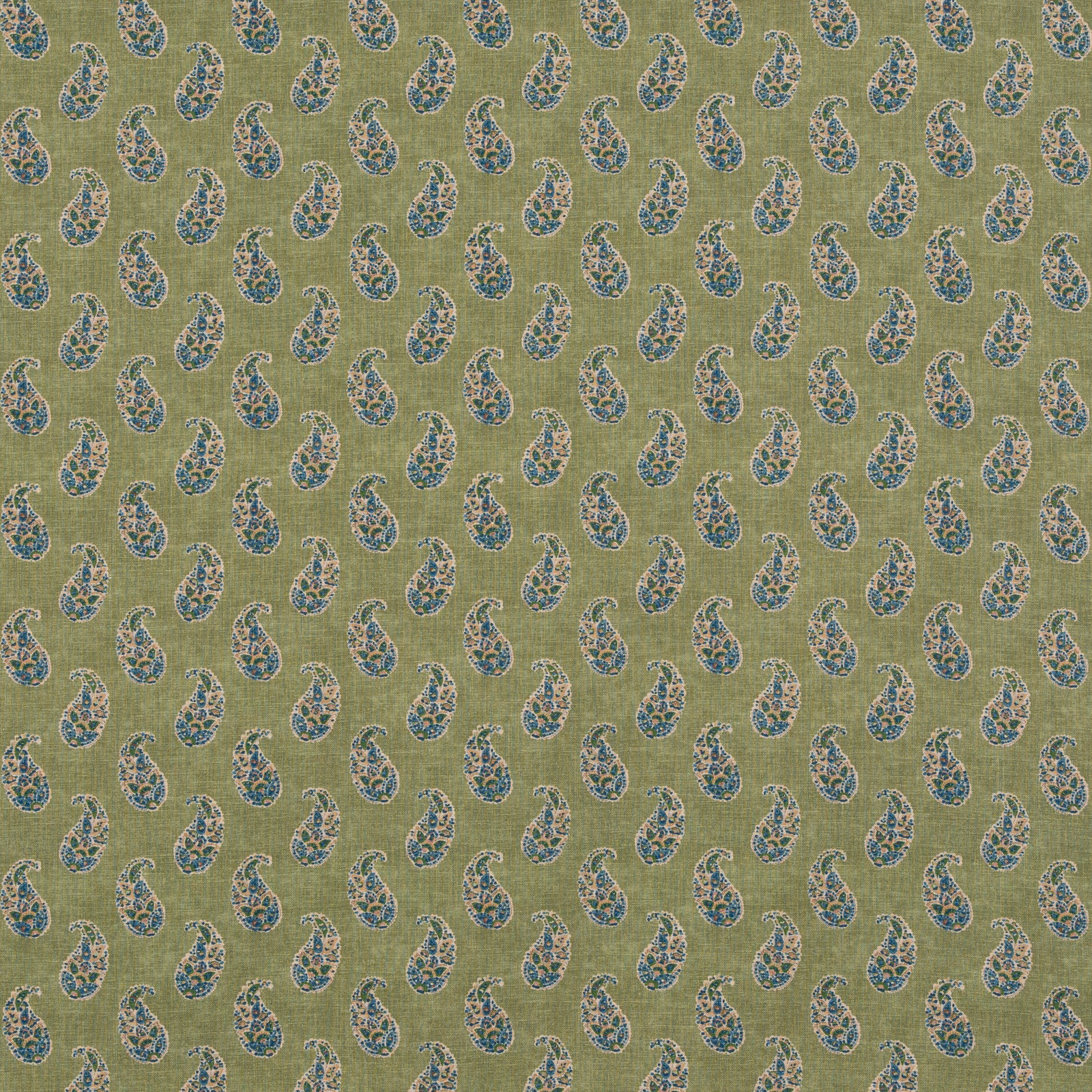 Olive green woven fabric with scattered teal paisleys and fine slub texture