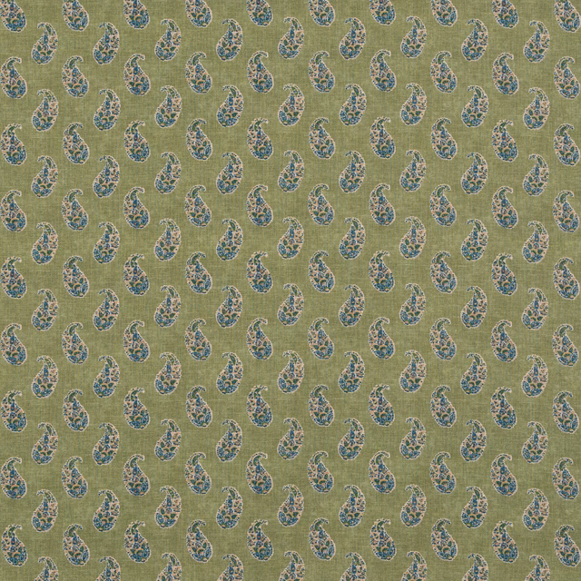 Olive green woven fabric with scattered teal paisleys and fine slub texture