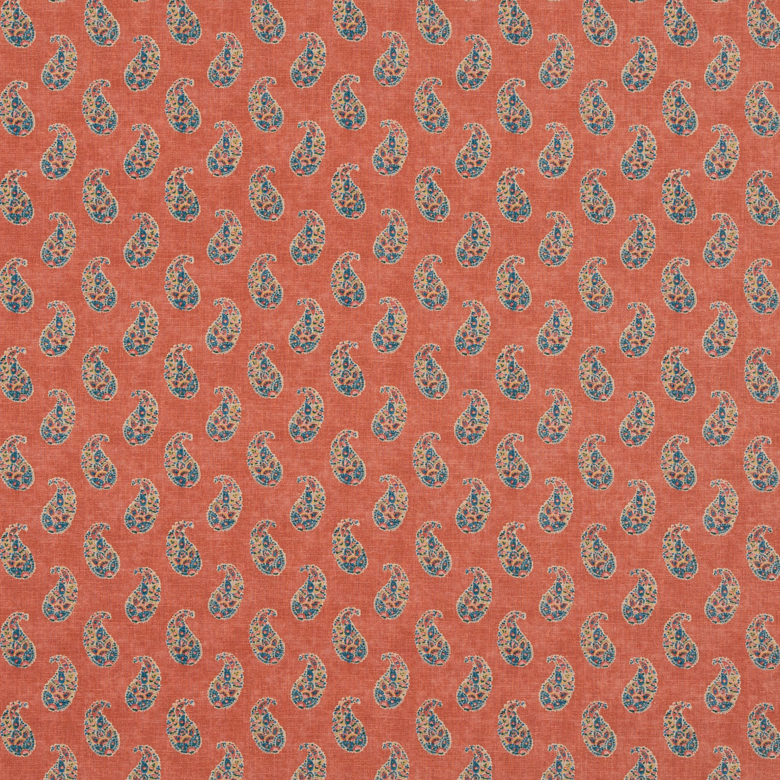 Coral-red woven fabric with small teal, cream and olive paisley motifs