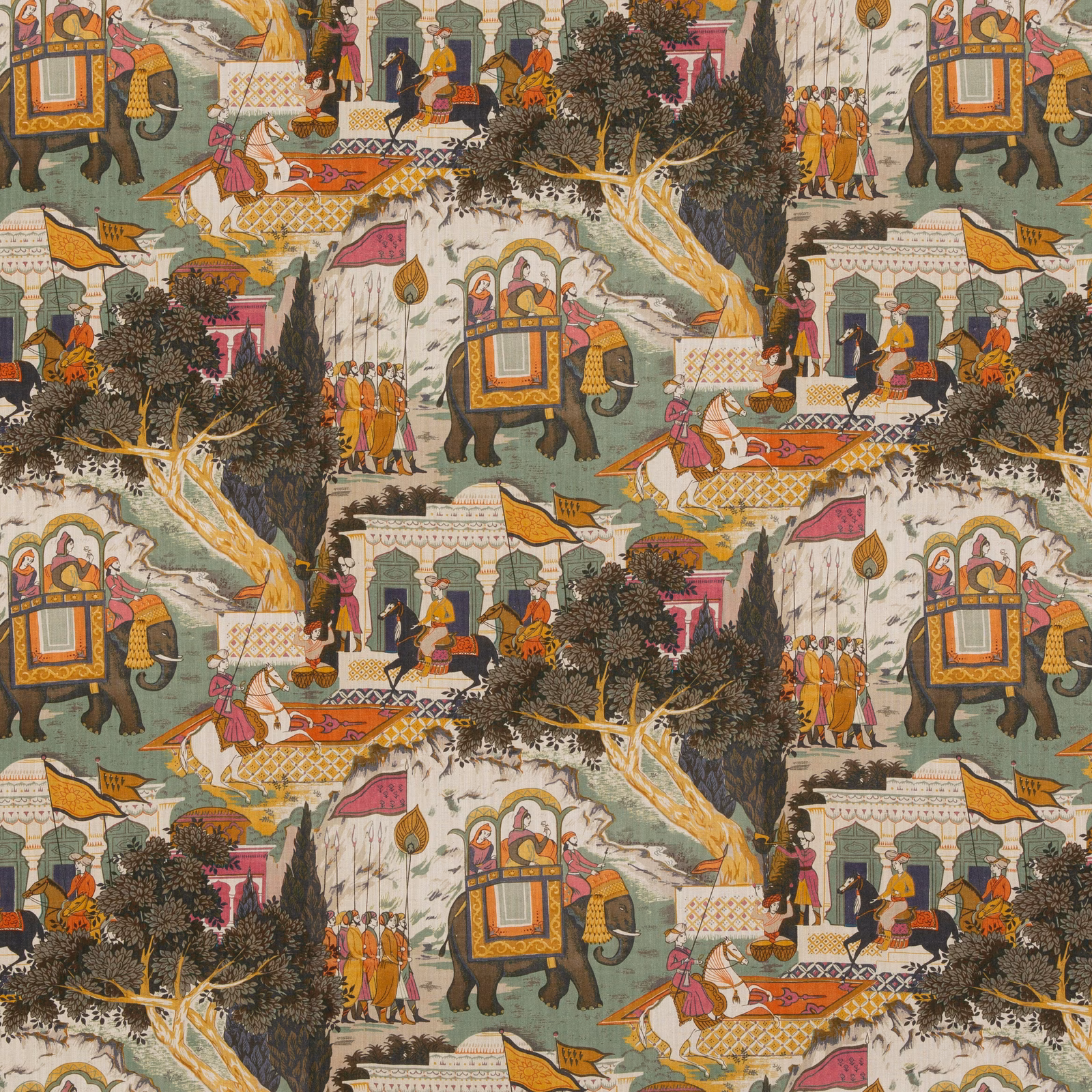 Muted aqua scenic repeat with elephants, figures, trees and pink architectural details