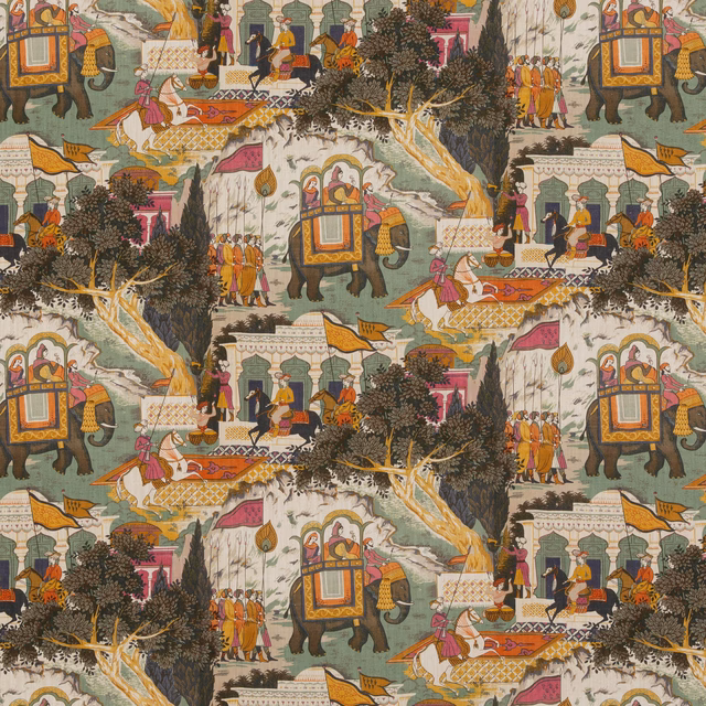 Muted aqua scenic repeat with elephants, figures, trees and pink architectural details