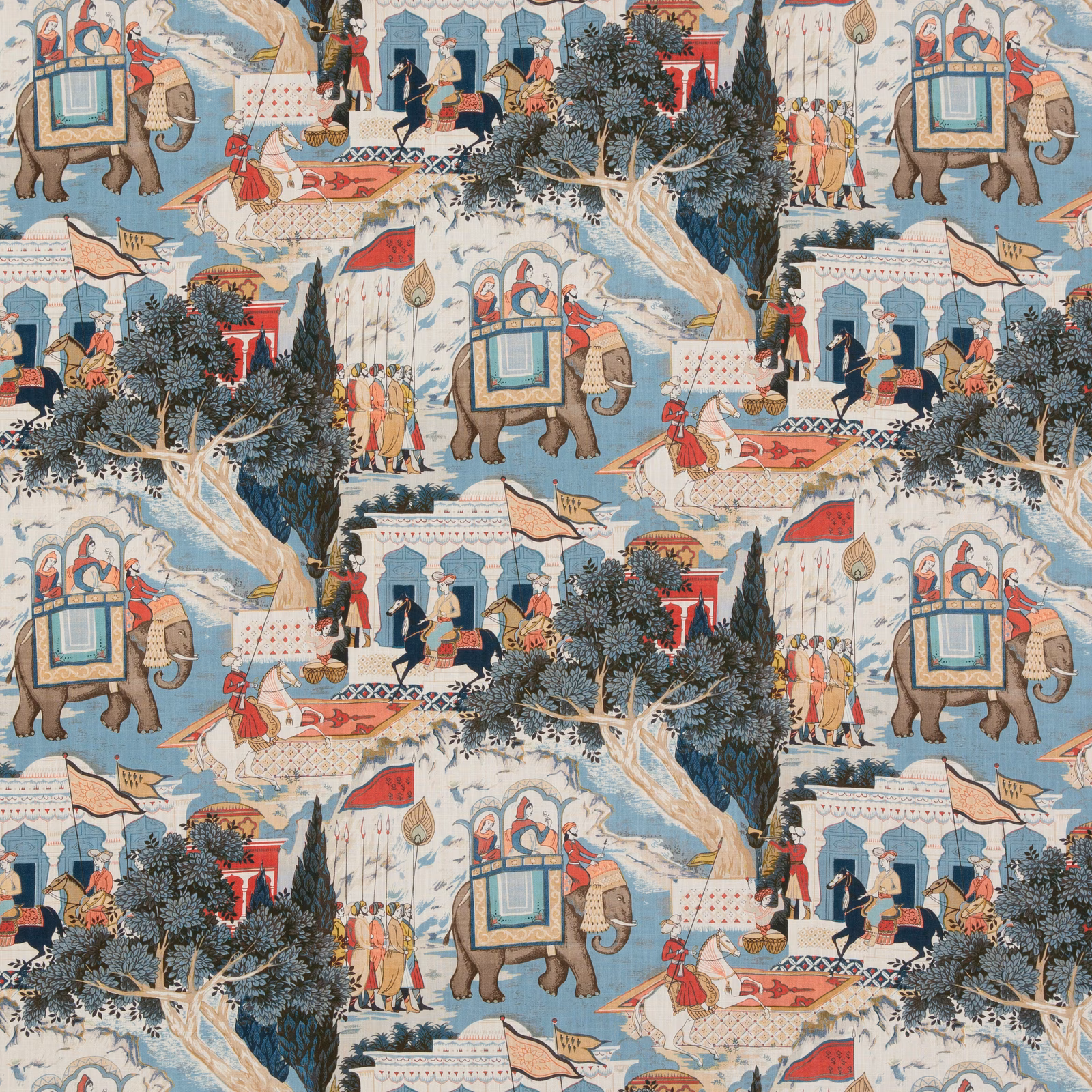 Indigo-blue scenic fabric with elephants, figures, red canopies and dark leafy trees