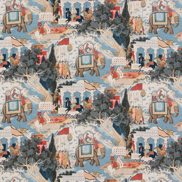 Indigo-blue scenic fabric with elephants, figures, red canopies and dark leafy trees