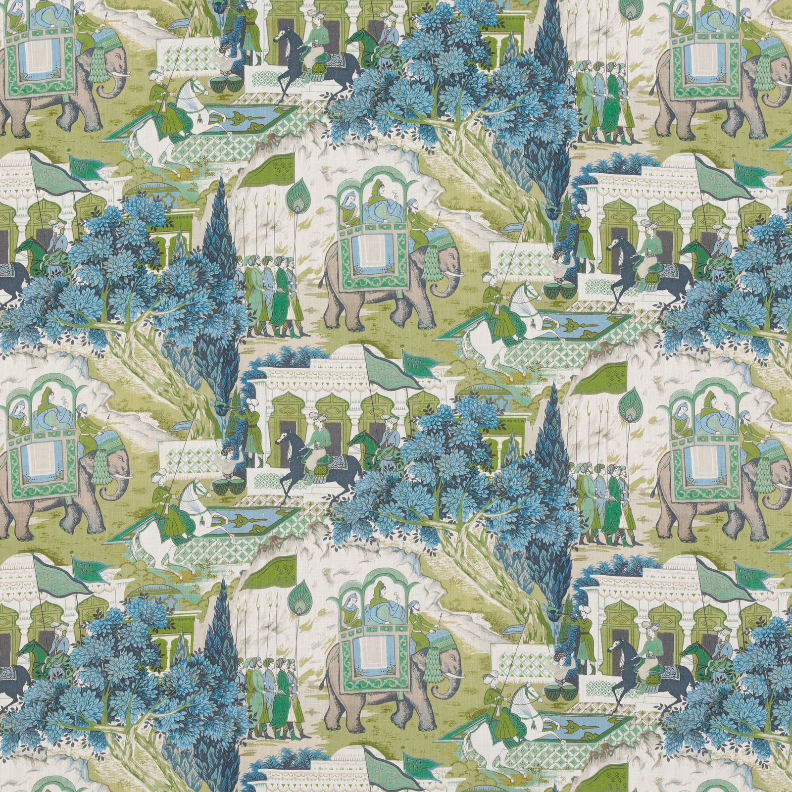 Cool teal scenic fabric with elephants, pavilions, figures and dense blue-green trees