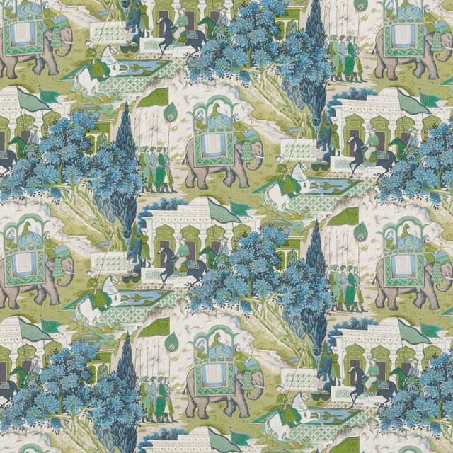 Cool teal scenic fabric with elephants, pavilions, figures and dense blue-green trees