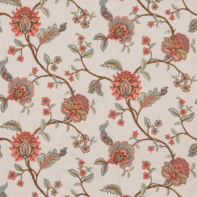 Cream fabric with coral-red botanical flowers, brown curling stems and muted sage leaves