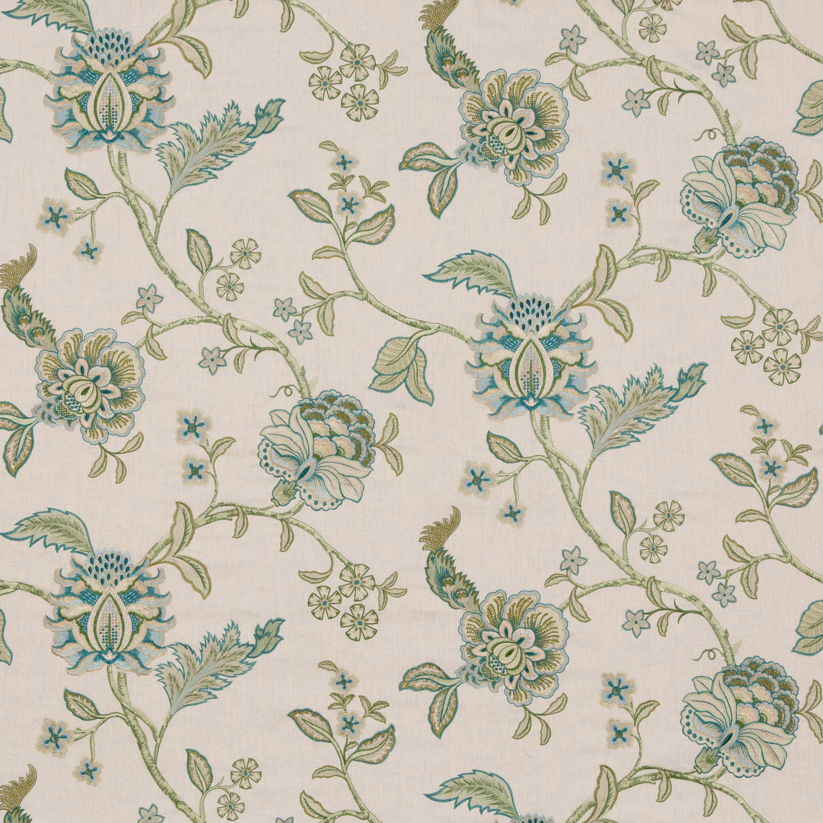 Cream linen-blend ground with muted teal, sage botanical flowers and scrolling vines