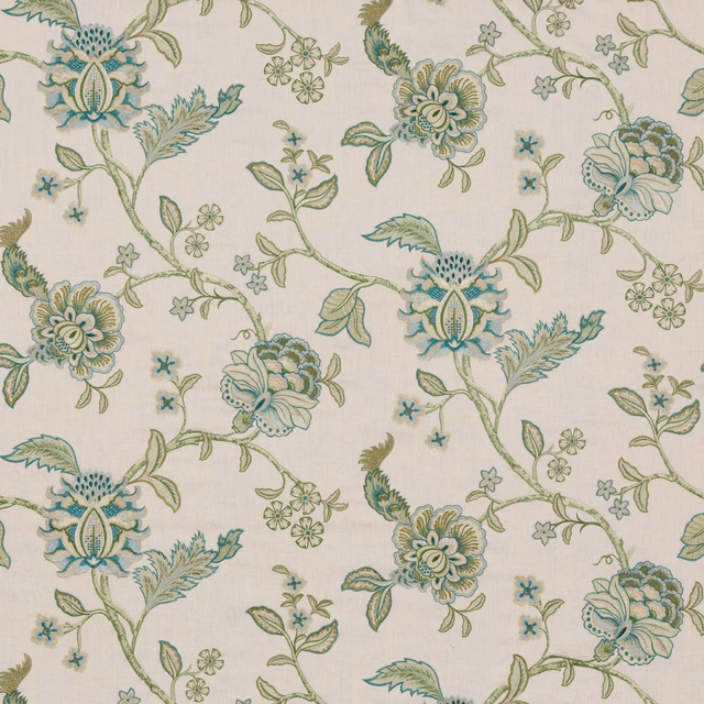 Cream linen-blend ground with muted teal, sage botanical flowers and scrolling vines