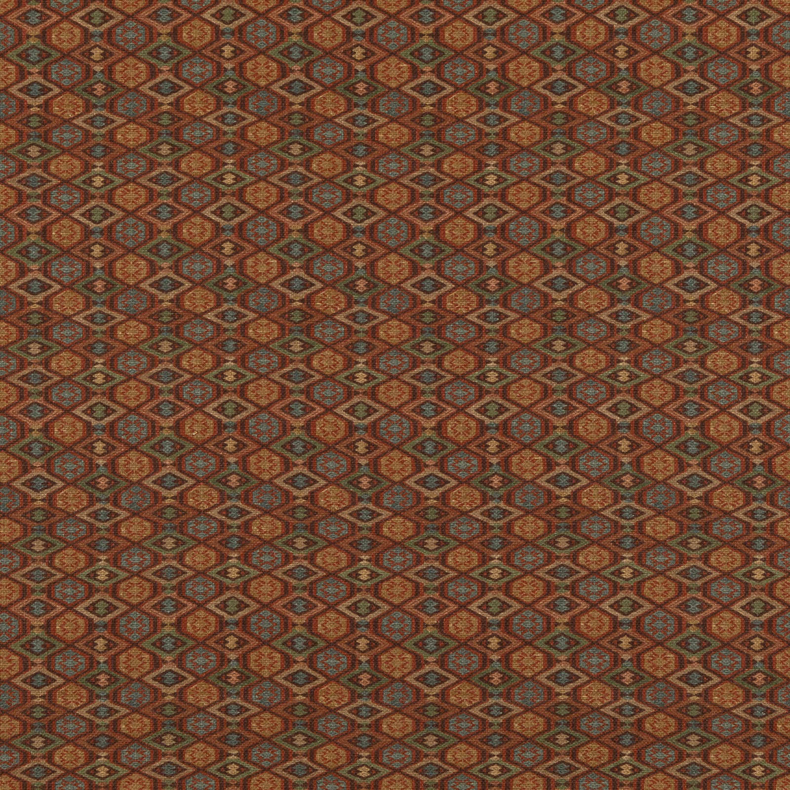 Close view of brick-red and olive-green geometric diamond weave with blue-grey accents