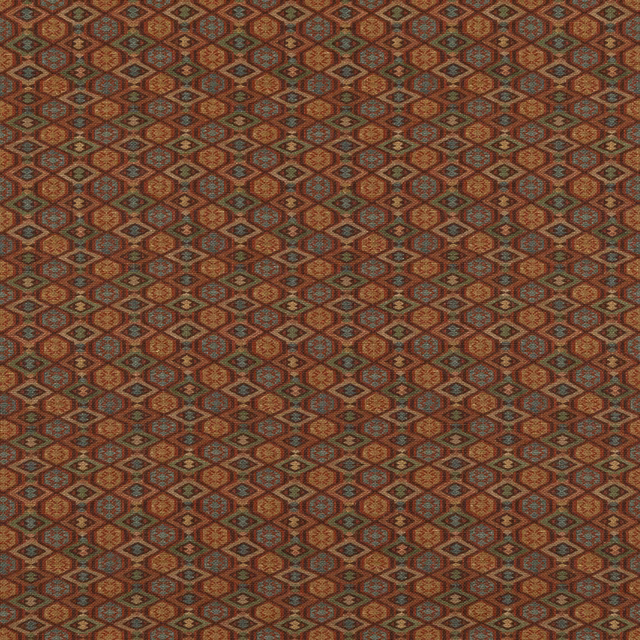 Close view of brick-red and olive-green geometric diamond weave with blue-grey accents