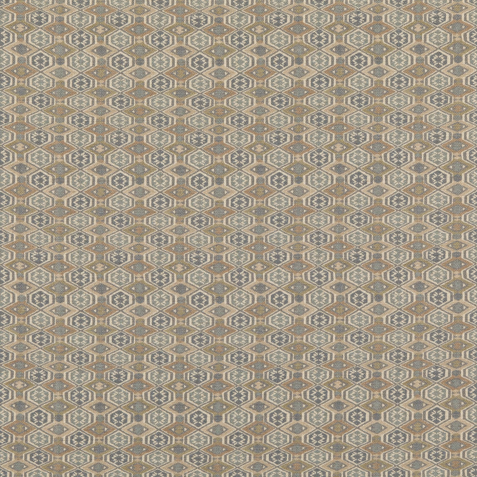 Soft blue-grey geometric diamond fabric with cream, taupe and brown woven details