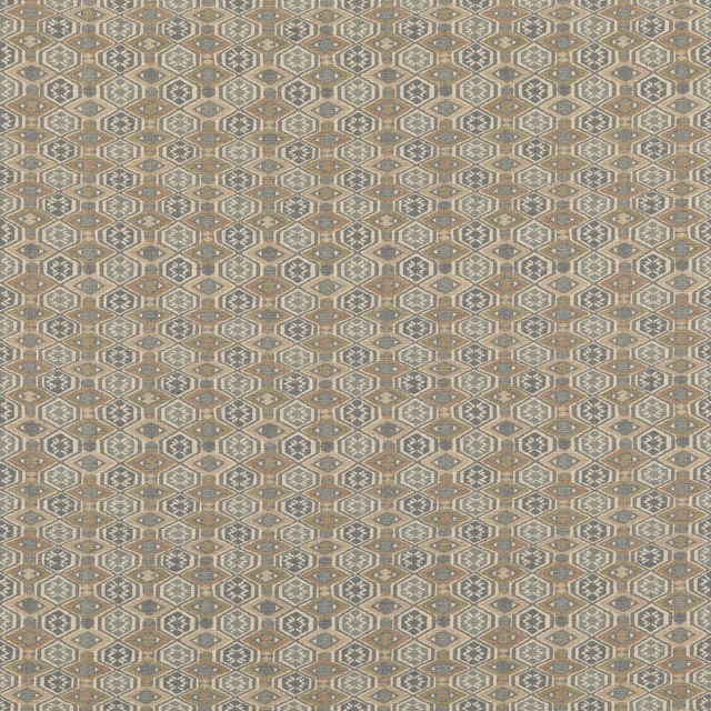 Soft blue-grey geometric diamond fabric with cream, taupe and brown woven details